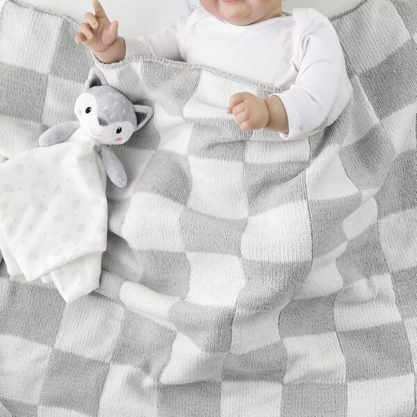 Warm Chenille Baby Blanket 30"x40" – Grey Checked Soft Newborn Essentials for Boys & Girls - Image 2