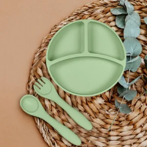 Silicone Baby Feeding Set – Divided Suction Plate with Fork & Spoon for Infants