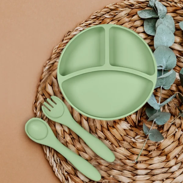 Silicone Baby Feeding Set – Divided Suction Plate with Fork & Spoon for Infants - Image 2